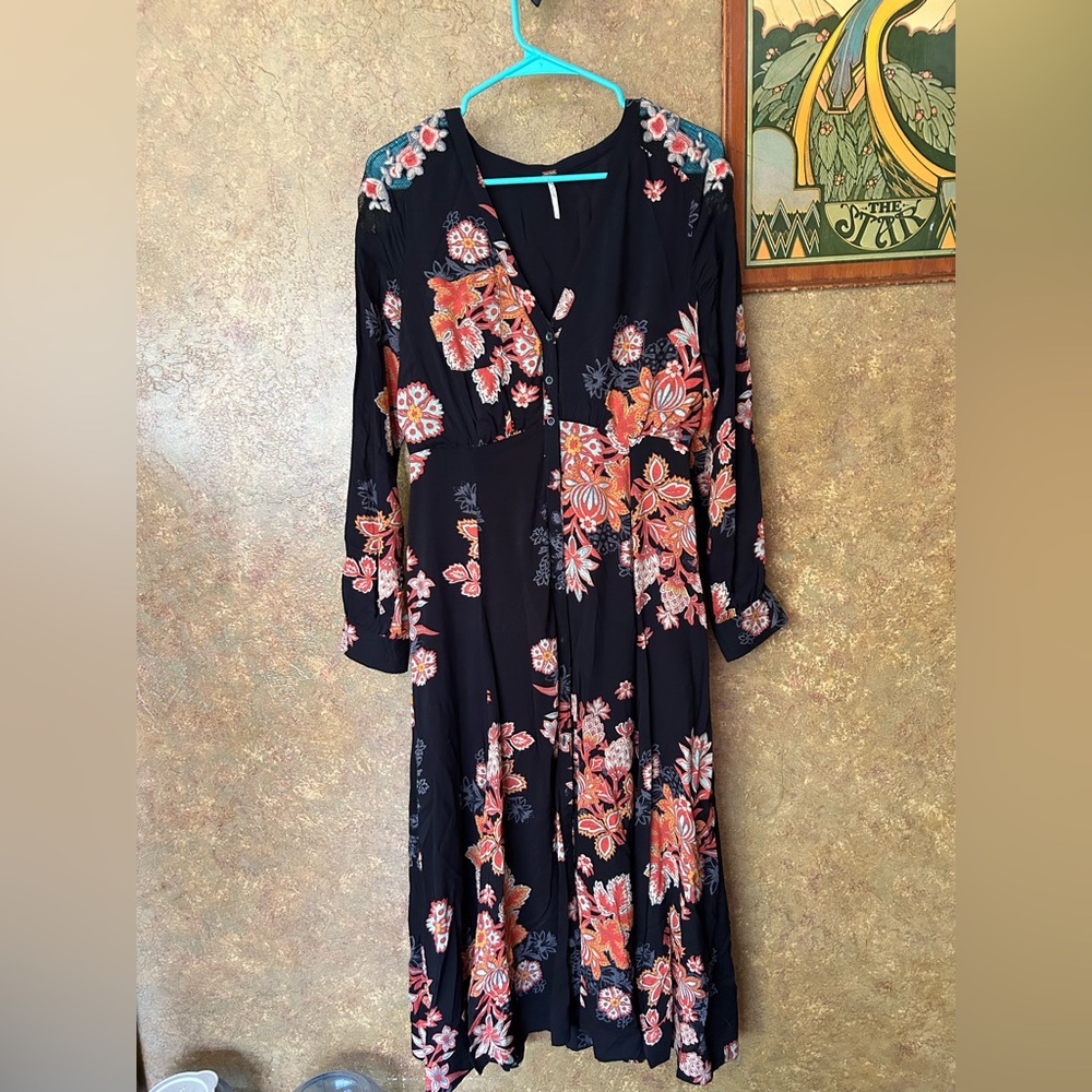 Free People Black and Orange Floral Long Sleeve Dress